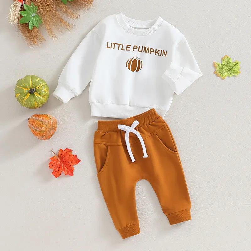 Halloween Outfits Long Sleeve Pumpkin Letter Print Sweatshirt + Trousers Set