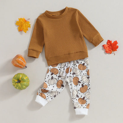 Long Sleeve Tops Pumpkin Print Drawstring Pants Sets