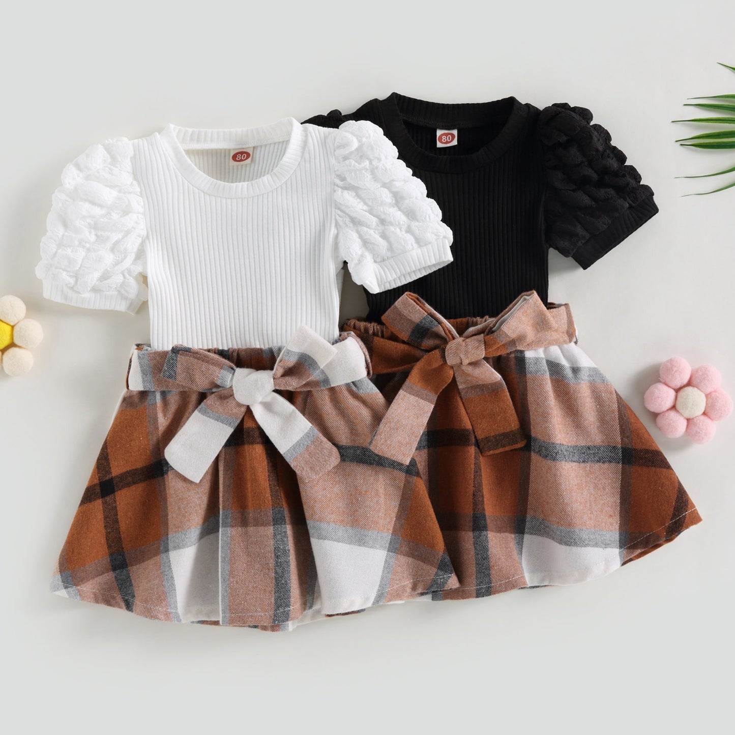 Children's set with checkered brown skirt