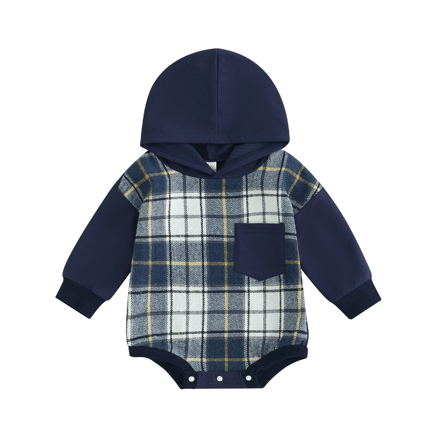 Children's plaid bodysuit with hood and pocket