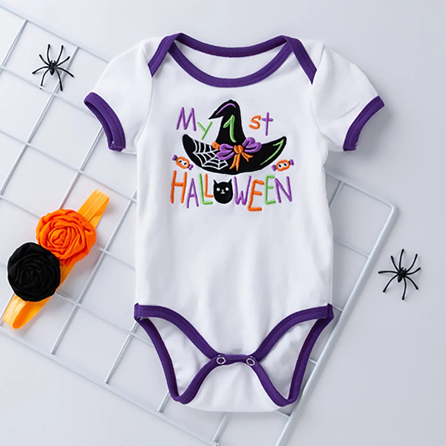 Kids Cotton Letter Halloween Bodysuit Set Jumpsuit+Skirt+Accessories