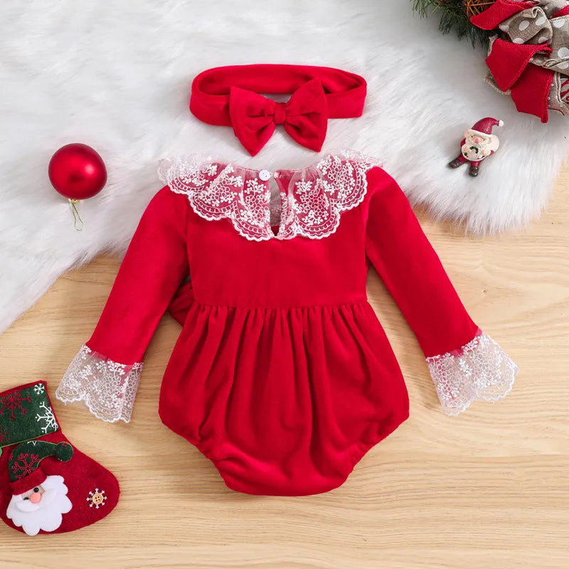 Red baby bodysuit with lace + headband