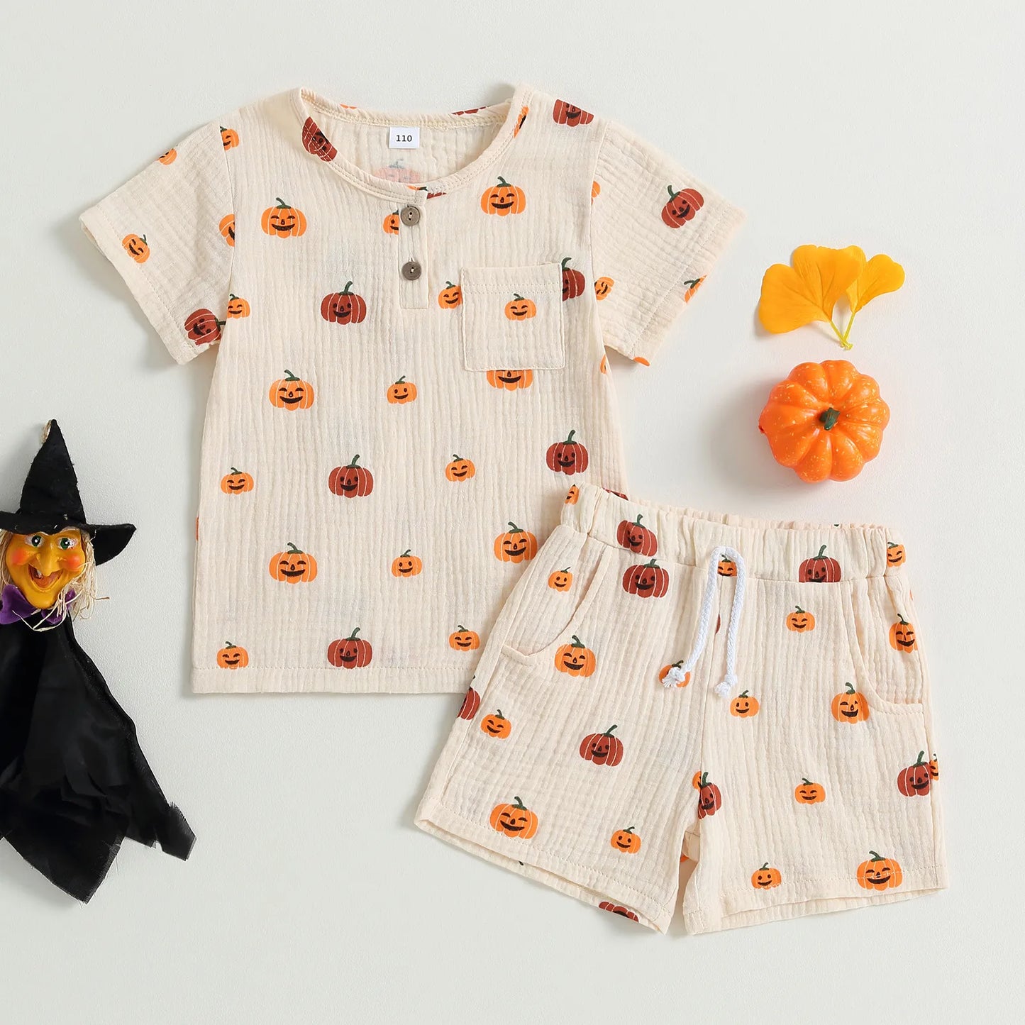 Halloween Pumpkin Print T-Shirt + Pocket Shorts Set