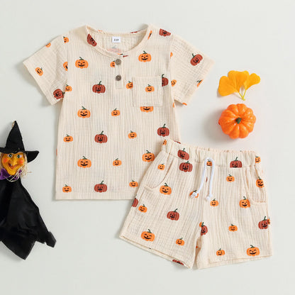 Halloween Pumpkin Print T-Shirt + Pocket Shorts Set