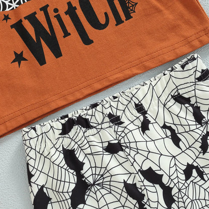 Set Print Sweatshirt Witch Hat Bat Spider Web Flare Pants