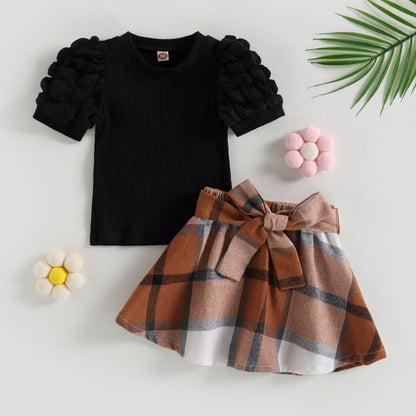 Children's set with checkered brown skirt