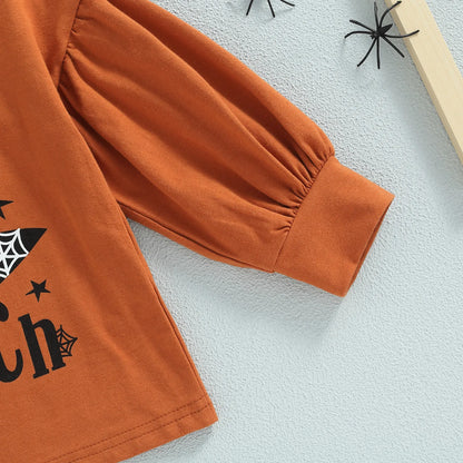 Set Print Sweatshirt Witch Hat Bat Spider Web Flare Pants