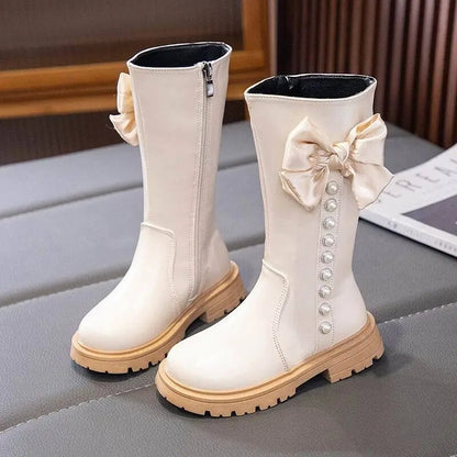 Children's ankle boots with bow and pearls