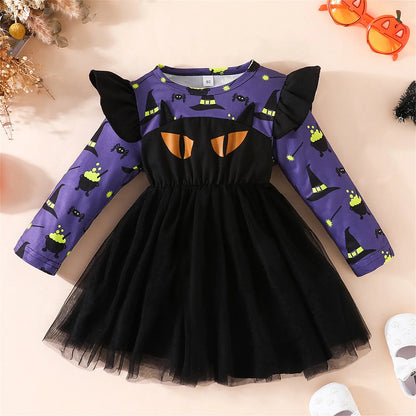 Dress, Long Sleeve Crew Neck Bat Print Tulle Dress Dress Halloween