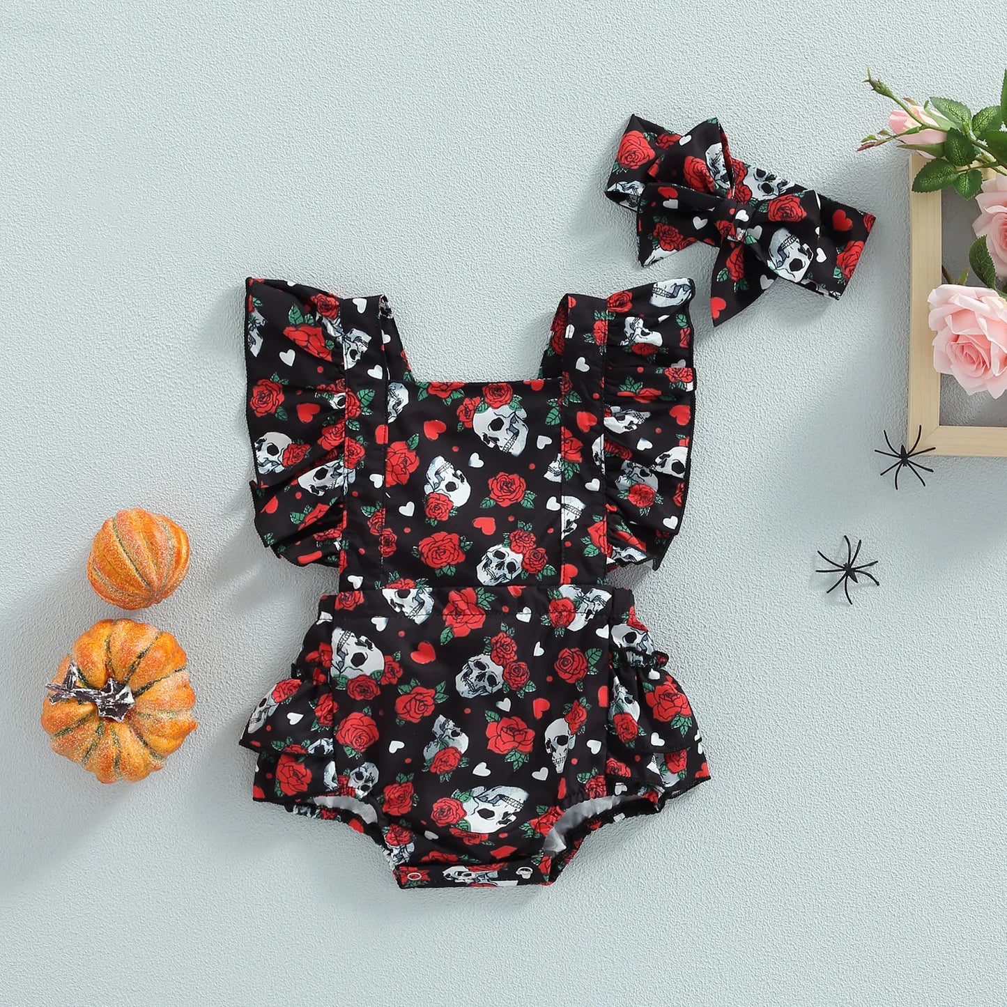 Halloween Outfit, Rose Skull Print Square Neck Ruffle Romper