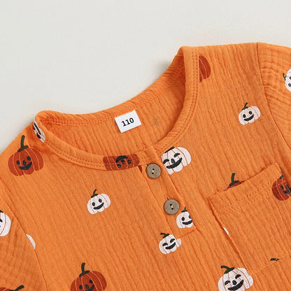 Halloween Pumpkin Print T-Shirt + Pocket Shorts Set