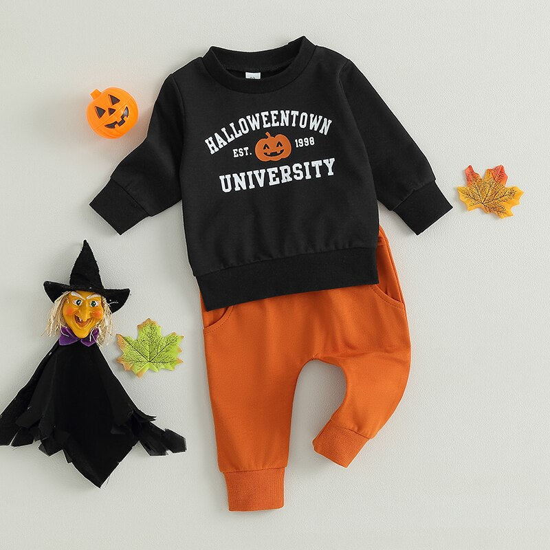 Halloween Clothes Letter Pumpkin Print Long Sleeve Sweatshirt Elastic Pants