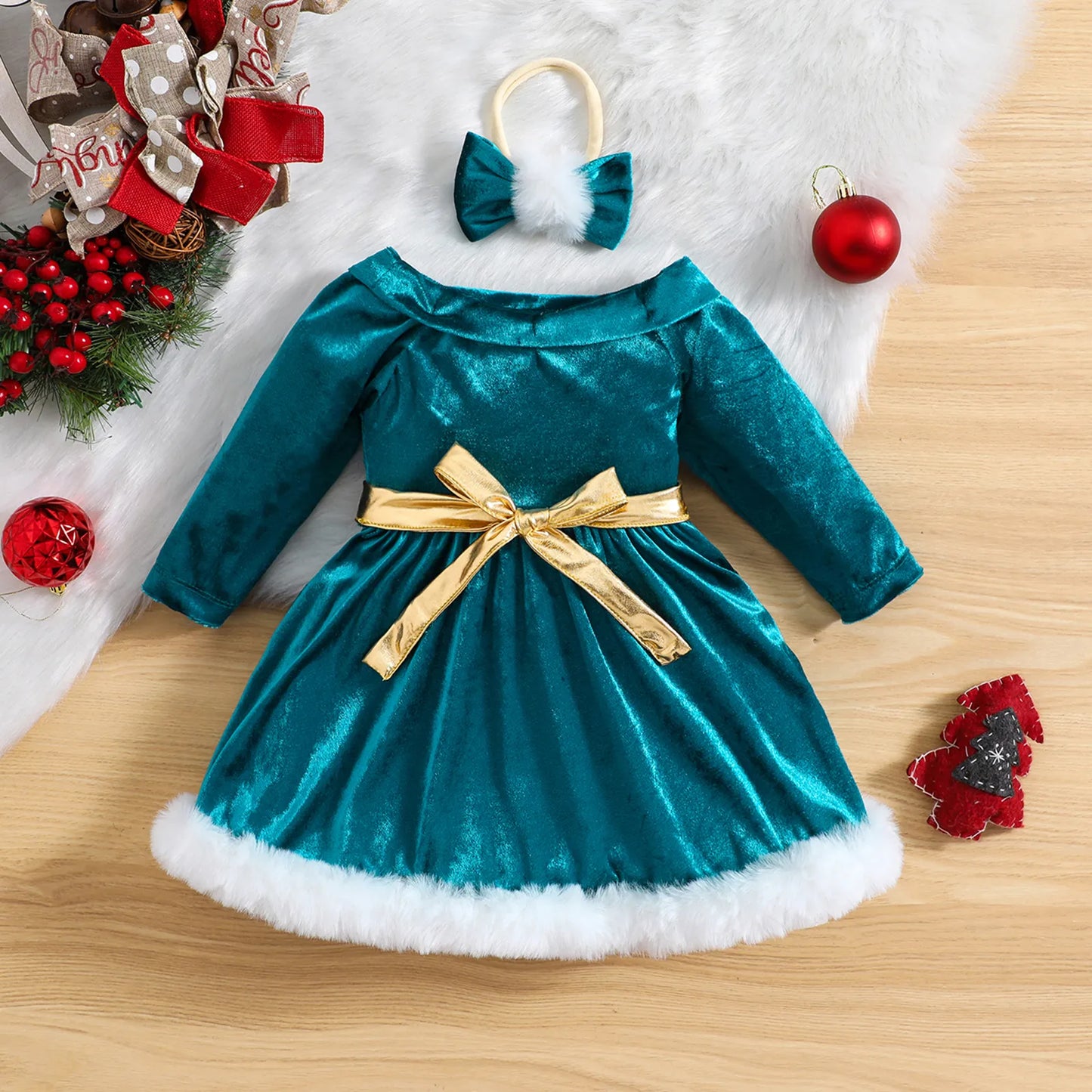 Green children's dress with gold bow + headband