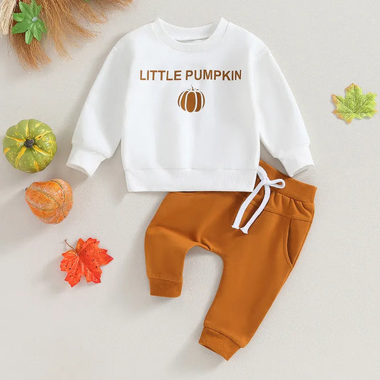 Halloween Outfits Long Sleeve Pumpkin Letter Print Sweatshirt + Trousers Set