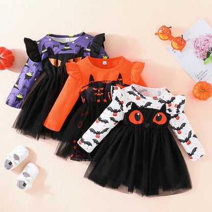 Dress, Long Sleeve Crew Neck Bat Print Tulle Dress Dress Halloween