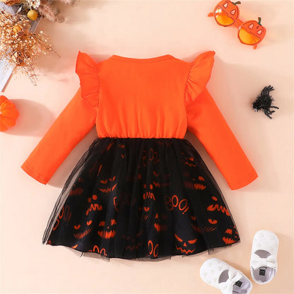 Dress, Long Sleeve Crew Neck Bat Print Tulle Dress Dress Halloween