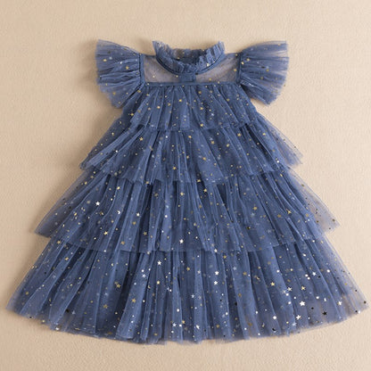 Children's party dress with lace ruffles and stars