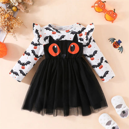 Dress, Long Sleeve Crew Neck Bat Print Tulle Dress Dress Halloween