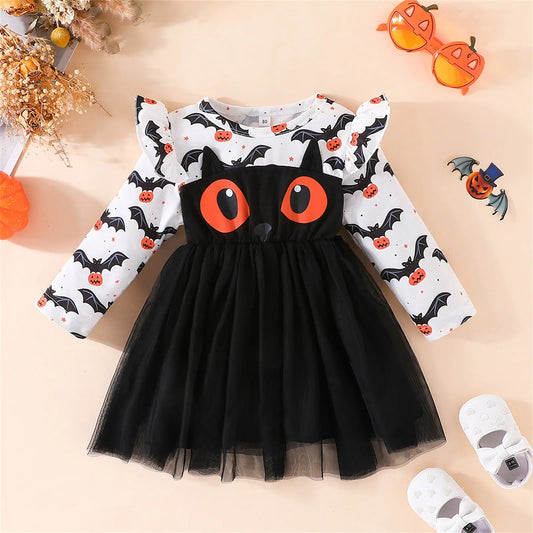 Dress, Long Sleeve Crew Neck Bat Print Tulle Dress Dress Halloween