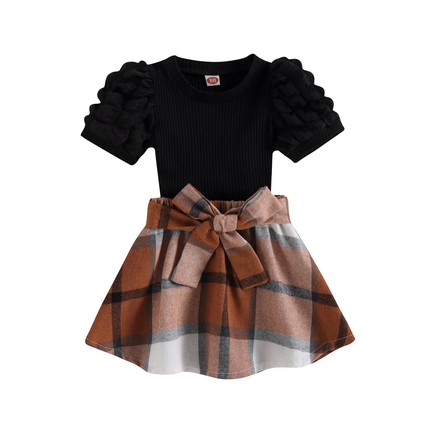 Children's set with checkered brown skirt