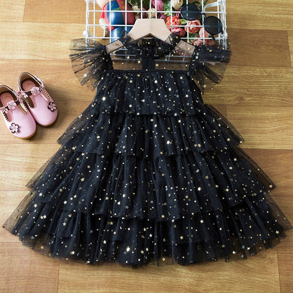 Children's party dress with lace ruffles and stars