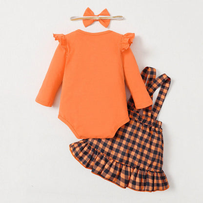 Halloween  Pumpkin Romper+Plaid Suspender Skirts+ Headband