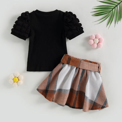 Children's set with checkered brown skirt