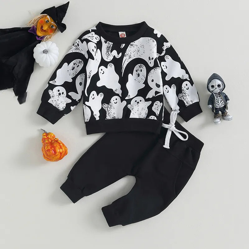 Long Sleeve Ghost Print Tops and Pants Set Toddler Halloween