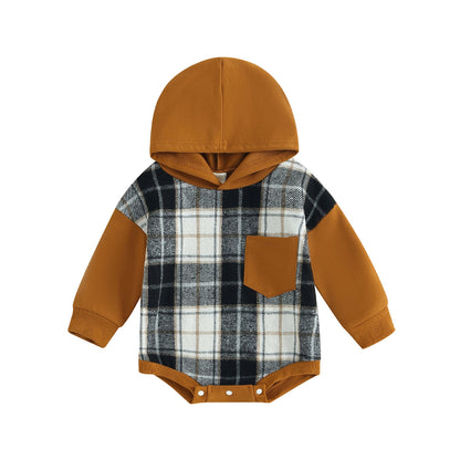 Children's plaid bodysuit with hood and pocket