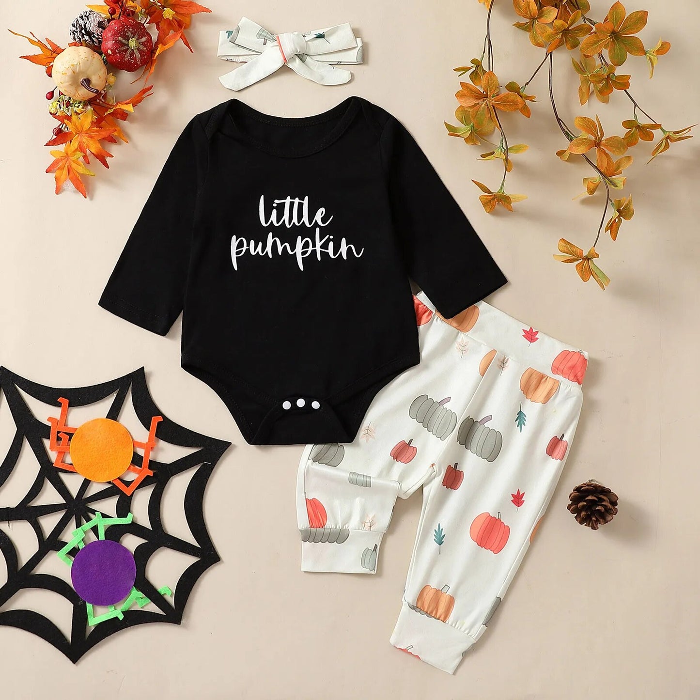 Romper Tops+Pumpkin Sweatpants+Hairband Halloween Clothes