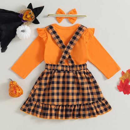 Set Halloween Clothes Cute Long Sleeves Romper and Plaid Suspender