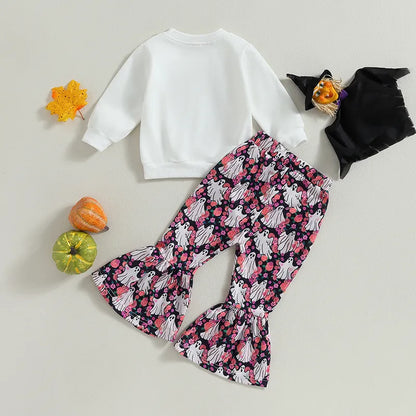 Pants Set, Sweatshirt with Ghost Flower Print Flare Pants Halloween