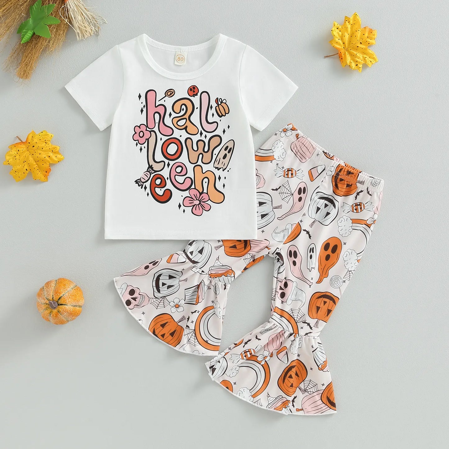 Halloween Set Letter Print Short Sleeve T-Shirt Pumpkin