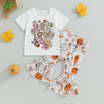 Halloween Set Letter Print Short Sleeve T-Shirt Pumpkin