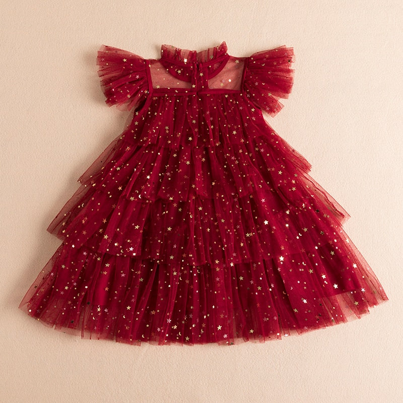 Children's party dress with lace ruffles and stars