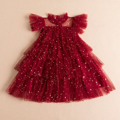 Children's party dress with lace ruffles and stars