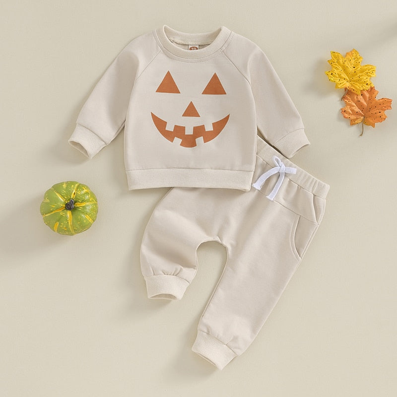 Halloween Pumpkin Print Long Sleeve Sweatshirt Elastic Pants Set Infant Fall Clothes