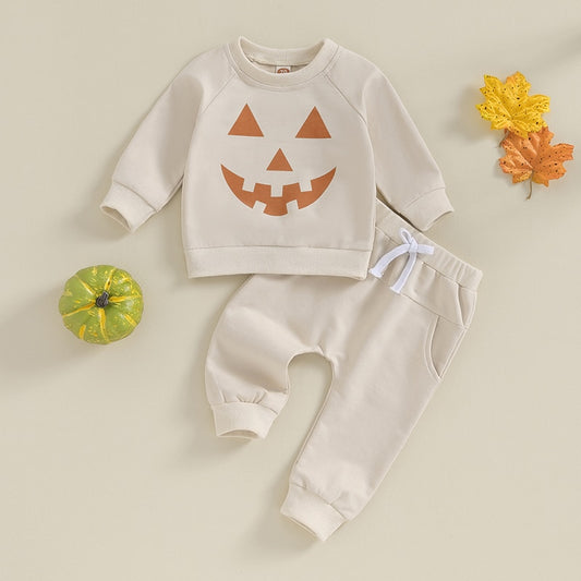 Halloween Pumpkin Print Long Sleeve Sweatshirt Elastic Pants Set Infant Fall Clothes