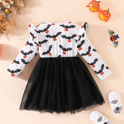 Dress, Long Sleeve Crew Neck Bat Print Tulle Dress Dress Halloween