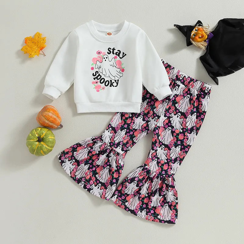 Pants Set, Sweatshirt with Ghost Flower Print Flare Pants Halloween