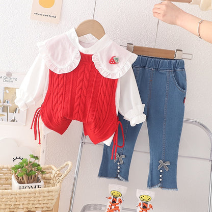 Children's set 3 pieces vest and blouse with embroidered collar