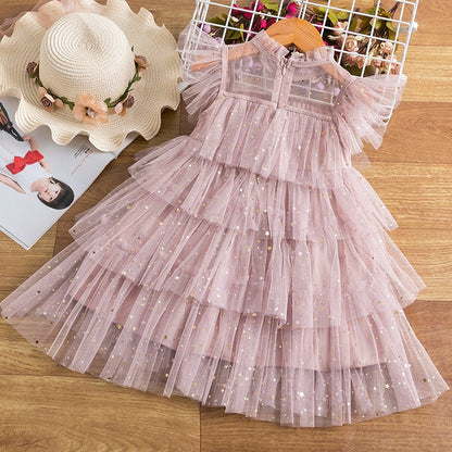 Children's party dress with lace ruffles and stars