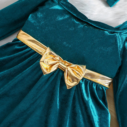 Green children's dress with gold bow + headband