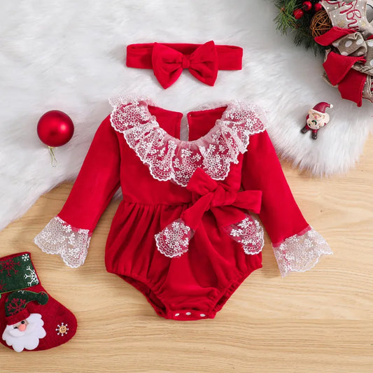 Red baby bodysuit with lace + headband