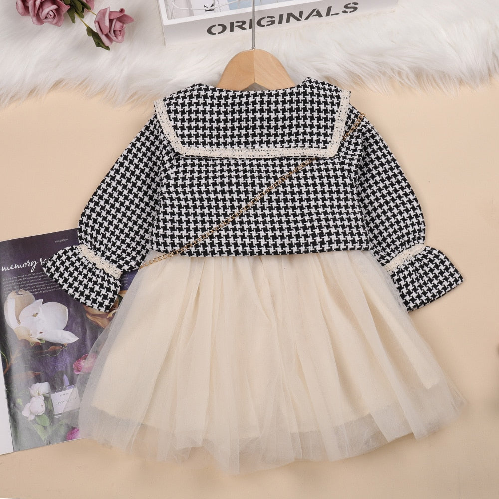 Children's set dress + coat + plaid bag