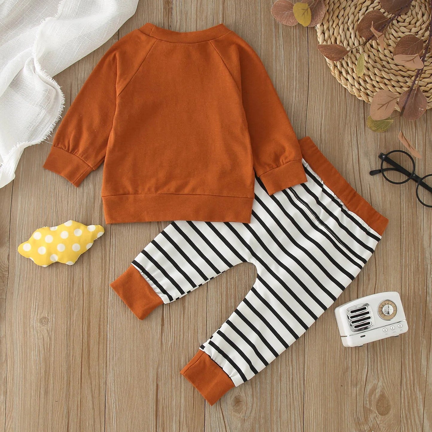 Halloween Sets Long Sleeve Letters Pumpkin Print Tops Striped Pants