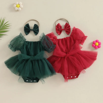 Christmas Infant Bodysuit Tulle Bow + Headband