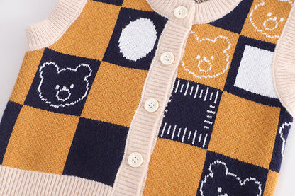 Children's set 3 pieces plaid vest with bears