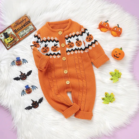 Halloween  Winter Orange Pumpkin Knit Jumpsuits