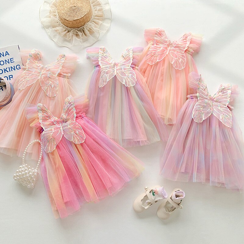 Children's colorful tulle dress with butterfly wings